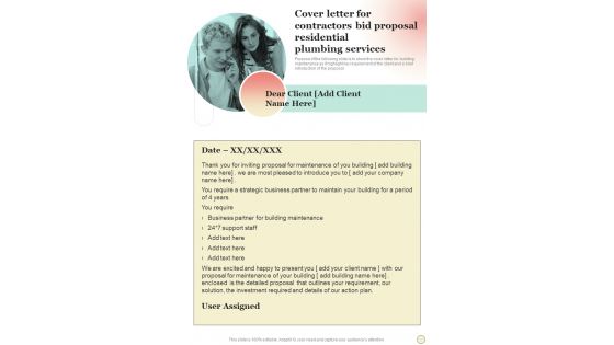 Cover Letter For Contractors Bid Proposal Residential Plumbing Services One Pager Sample Example Document Cover Letter For Contractors Bid Proposal Residential Plumbing Services One Pager Sample Example Document