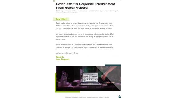 Cover Letter For Corporate Entertainment Event Project Proposal One Pager Sample Example Document