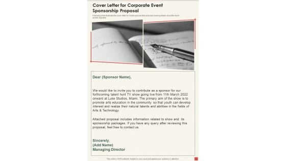 Cover Letter For Corporate Event Sponsorship Proposal One Pager Sample Example Document