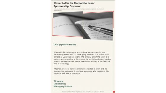 Cover Letter For Corporate Event Sponsorship Proposal One Pager Sample Example Document