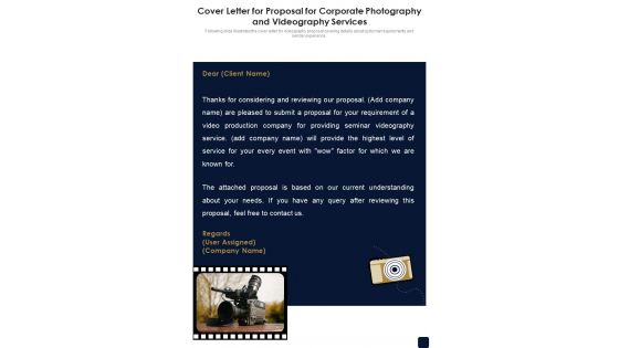 Cover Letter For Corporate Photography And Videography Services One Pager Sample Example Document