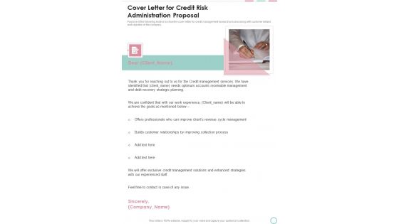 Cover Letter For Credit Risk Administration Proposal One Pager Sample Example Document