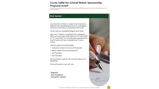 Cover Letter For Cricket Match Sponsorship Proposal Event One Pager Sample Example Document