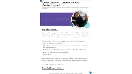 Cover Letter For Customer Service Center Proposal One Pager Sample Example Document