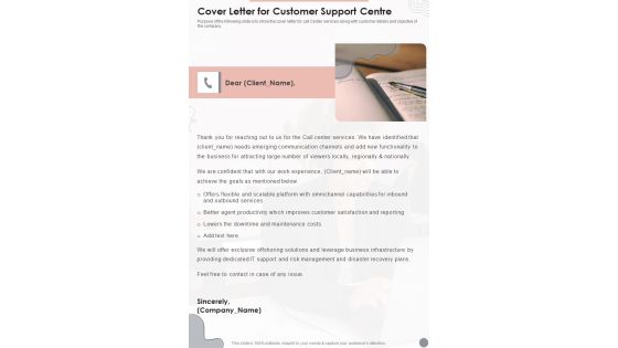 Cover Letter For Customer Support Centre One Pager Sample Example Document