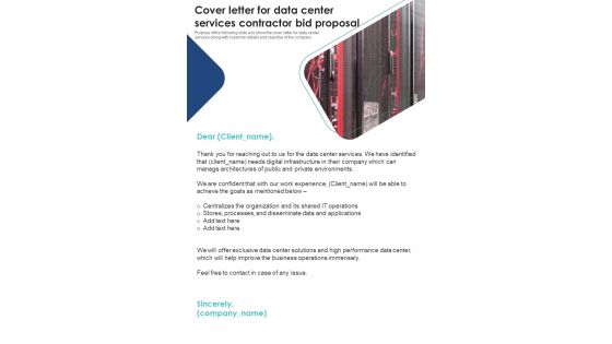 Cover Letter For Data Center Services Contractor Bid Proposal One Pager Sample Example Document