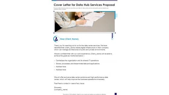 Cover Letter For Data Hub Services Proposal One Pager Sample Example Document