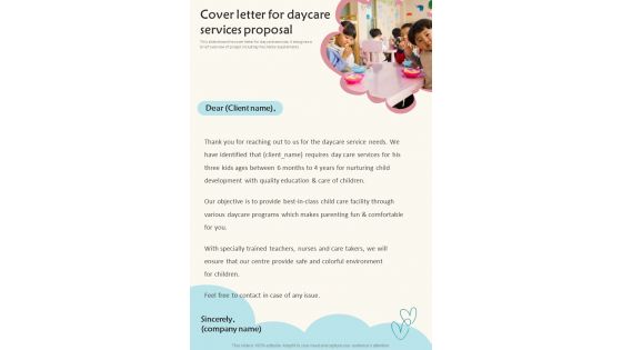 Cover Letter For Daycare Services Proposal One Pager Sample Example Document