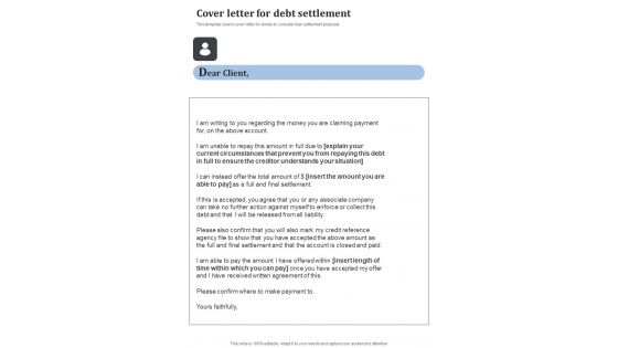 Cover Letter For Debt Settlement One Pager Sample Example Document