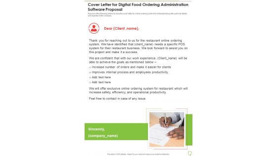 Cover Letter For Digital Food Ordering Administration Software Proposal One Pager Sample Example Document