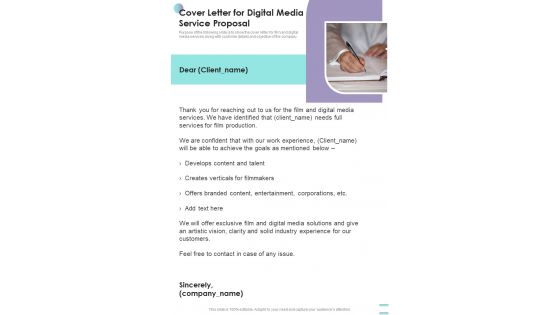 Cover Letter For Digital Media Service Proposal One Pager Sample Example Document