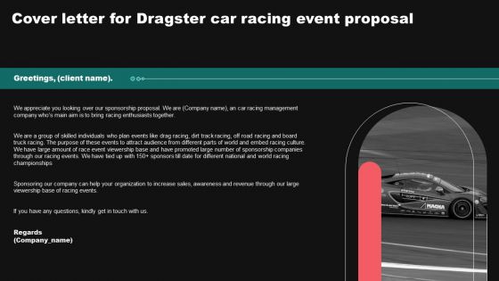 Cover Letter For Dragster Car Racing Event Proposal Ppt Gallery Ideas PDF