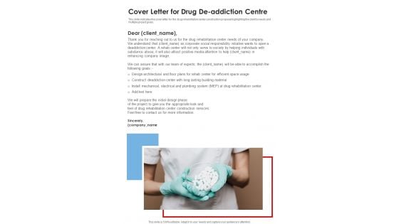 Cover Letter For Drug De Addiction Centre One Pager Sample Example Document