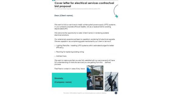 Cover Letter For Electrical Services Contractual Bid Proposal One Pager Sample Example Document