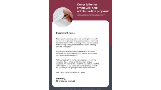 Cover Letter For Employee Perk Administration Proposal One Pager Sample Example Document Cover Letter For Employee Perk Administration Proposal One Pager Sample Example Document