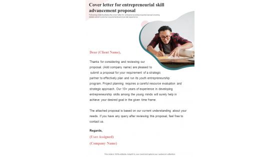 Cover Letter For Entrepreneurial Skill Advancement Proposal One Pager Sample Example Document