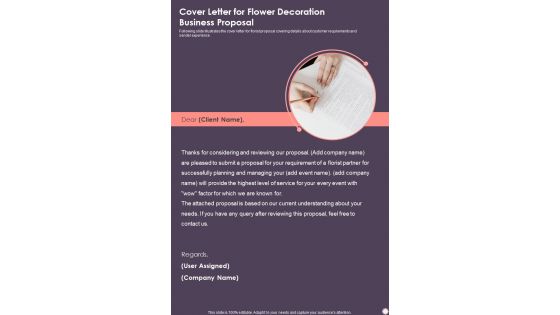 Cover Letter For Flower Decoration Business Proposal One Pager Sample Example Document