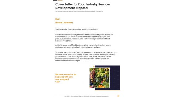 Cover Letter For Food Industry Services Development Proposal One Pager Sample Example Document