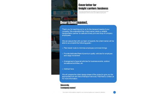 Cover Letter For Freight Carriers Business One Pager Sample Example Document