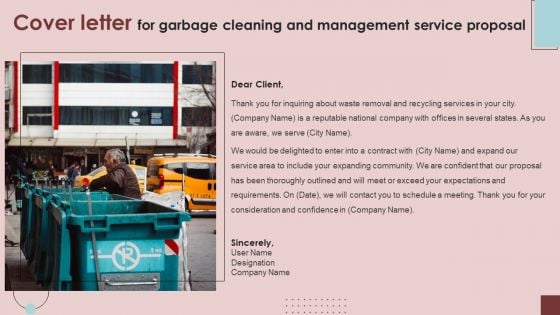 Cover Letter For Garbage Cleaning And Management Service Proposal Elements PDF