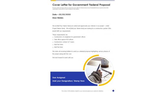 Cover Letter For Government Federal Proposal One Pager Sample Example Document