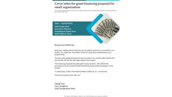 Cover Letter For Grant Financing Proposal For Small Organization One Pager Sample Example Document