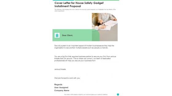 Cover Letter For House Safety Gadget Installment Proposal One Pager Sample Example Document