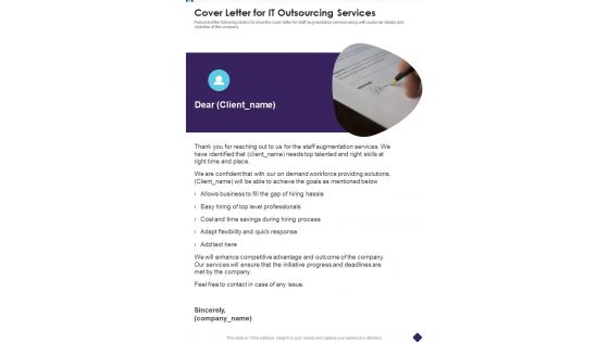 Cover Letter For IT Outsourcing Services One Pager Sample Example Document