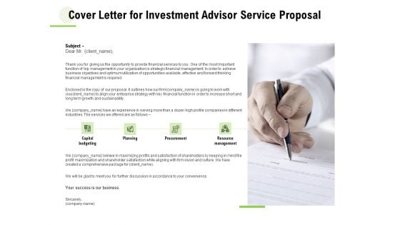 Cover Letter For Investment Advisor Service Proposal Ppt Infographics Background Image PDF