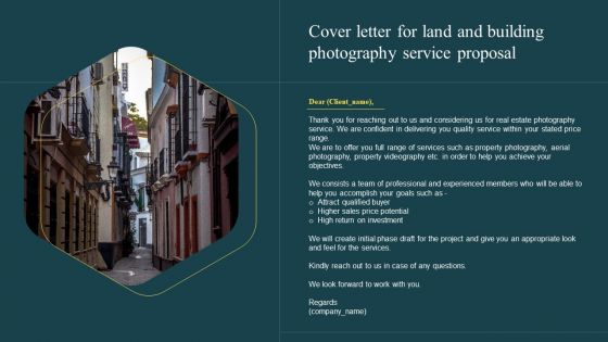 Cover Letter For Land And Building Photography Service Proposal Ppt Professional Clipart Images PDF