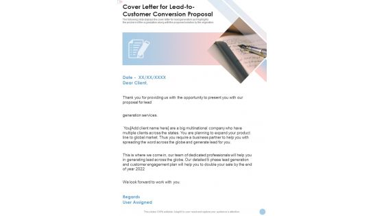 Cover Letter For Lead To Customer Conversion Proposal One Pager Sample Example Document
