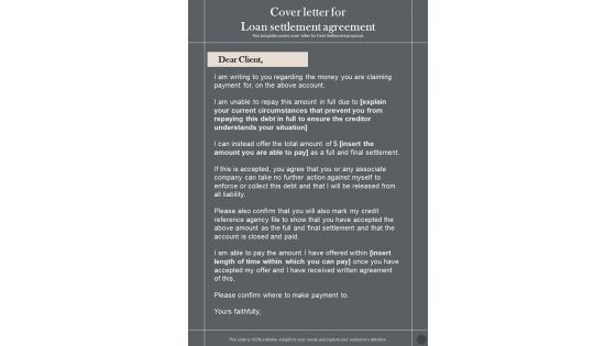 Cover Letter For Loan Settlement Agreement One Pager Sample Example Document Cover Letter For Loan Settlement Agreement One Pager Sample Example Document