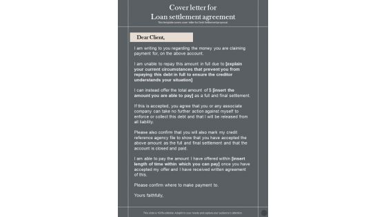 Cover Letter For Loan Settlement Agreement One Pager Sample Example Document