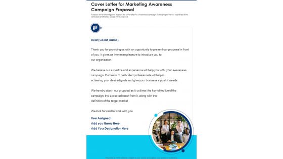 Cover Letter For Marketing Awareness Campaign Proposal One Pager Sample Example Document