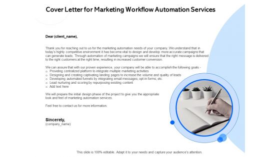 Cover Letter For Marketing Workflow Automation Services Ppt PowerPoint Presentation Styles Influencers PDF