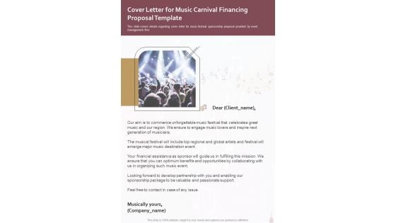 Cover Letter For Music Carnival Financing Proposal Template One Pager Sample Example Document