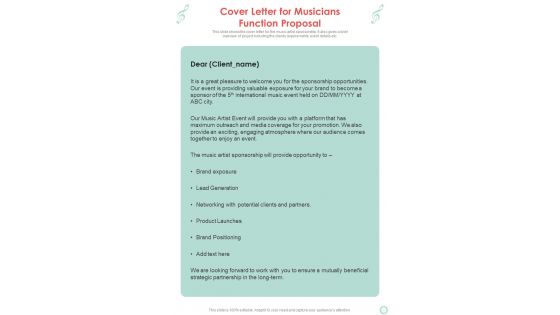 Cover Letter For Musicians Function Proposal One Pager Sample Example Document