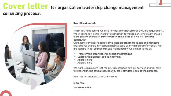 Cover Letter For Organization Leadership Change Management Consulting Proposal Icons PDF