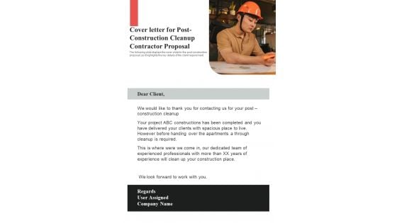 Cover Letter For Post Construction Cleanup Contractor Proposal One Pager Sample Example Document