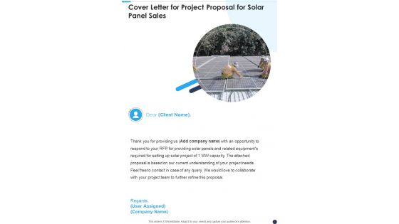 Cover Letter For Project Proposal For Solar Panel Sales One Pager Sample Example Document