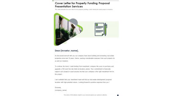 Cover Letter For Property Funding Proposal Presentation Services One Pager Sample Example Document