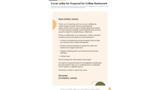 Cover Letter For Proposal For Coffee Restaurant One Pager Sample Example Document