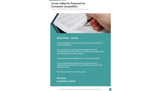 Cover Letter For Proposal For Company Acquisition One Pager Sample Example Document Cover Letter For Proposal For Company Acquisition One Pager Sample Example Document