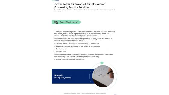 Cover Letter For Proposal For Information Processing Facility Services One Pager Sample Example Document