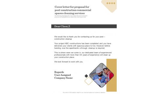 Cover Letter For Proposal For Post Construction Commercial Spaces Cleaning Services One Pager Sample Example Document Cover Letter For Proposal For Post Construction Commercial Spaces Cleaning Services One Pager Sample Example Document