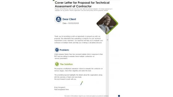 Cover Letter For Proposal For Technical Assessment Of Contractor One Pager Sample Example Document