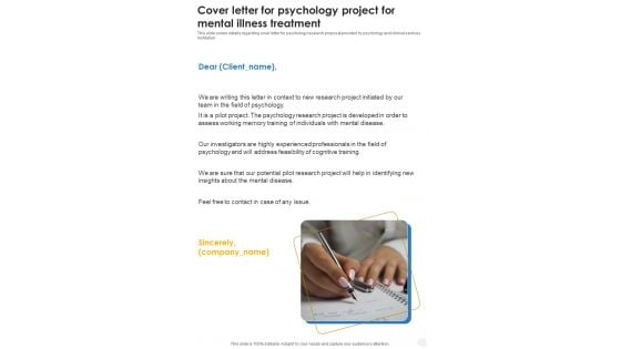 Cover Letter For Psychology Project For Mental Illness Treatment One Pager Sample Example Document