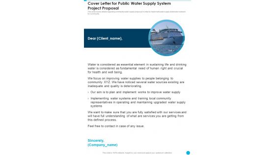 Cover Letter For Public Water Supply System Project Proposal One Pager Sample Example Document