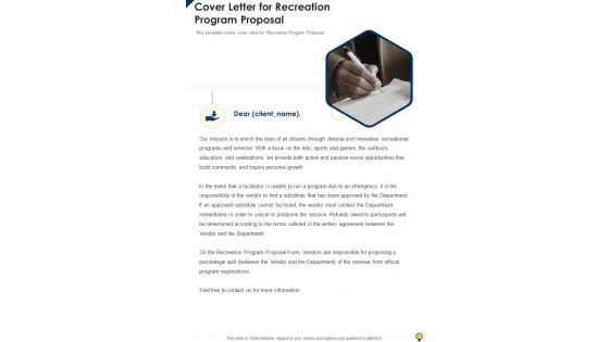 Cover Letter For Recreation Program Proposal One Pager Sample Example Document