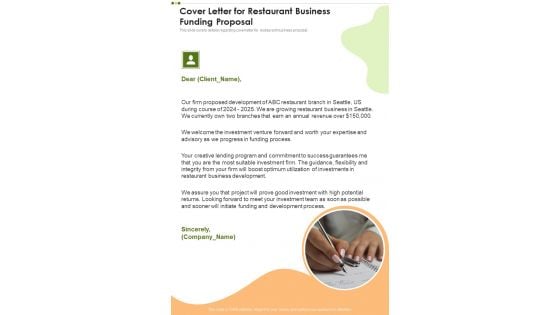 Cover Letter For Restaurant Business Funding Proposal One Pager Sample Example Document